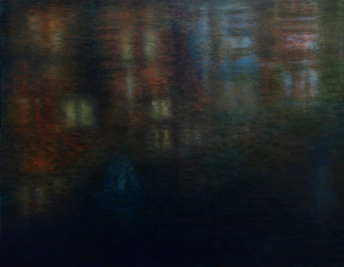 Lichter am Justus-Strandes-Weg im Alsterflusslauf, 80 x 109 cm, Oel auf Leinwand, 2011